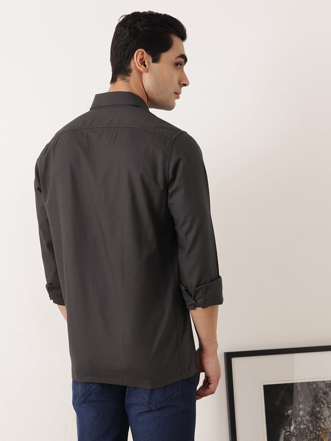 Thomas Scott Men Dark Grey Premium Regular Fit Long Sleeves Spread Collar Solid Cotton Casual Shirt with 2 Flap Pockets