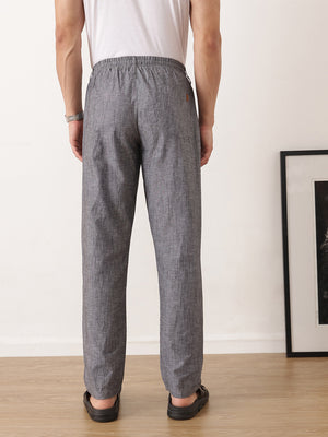 Thomas Scott Men Black Smart Relaxed Fit Mid-Rise Solid Cotton Linen Pleated Casual Trousers