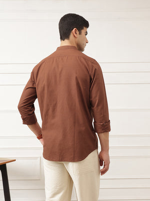 Rust Slim Fit Long Sleeves Mandarin Collar Solid Cotton Linen Casual Shirt For Men