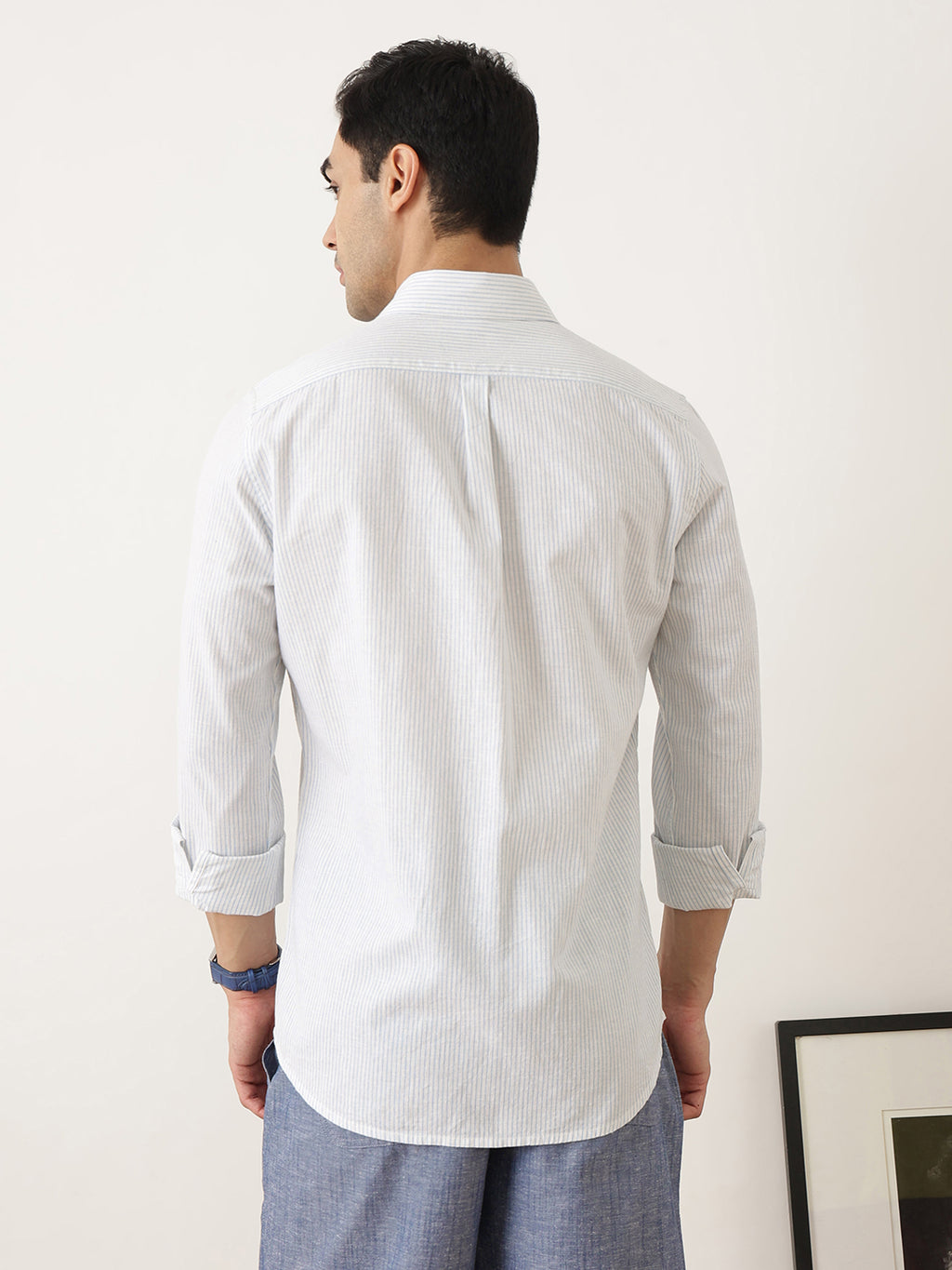 Thomas Scott Men Premium Blue Regular Fit Long Sleeves Spread Collar Pinstripes Cotton Linen Casual Shirt