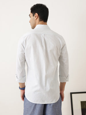 Thomas Scott Men Premium Blue Regular Fit Long Sleeves Spread Collar Pinstripes Cotton Linen Casual Shirt