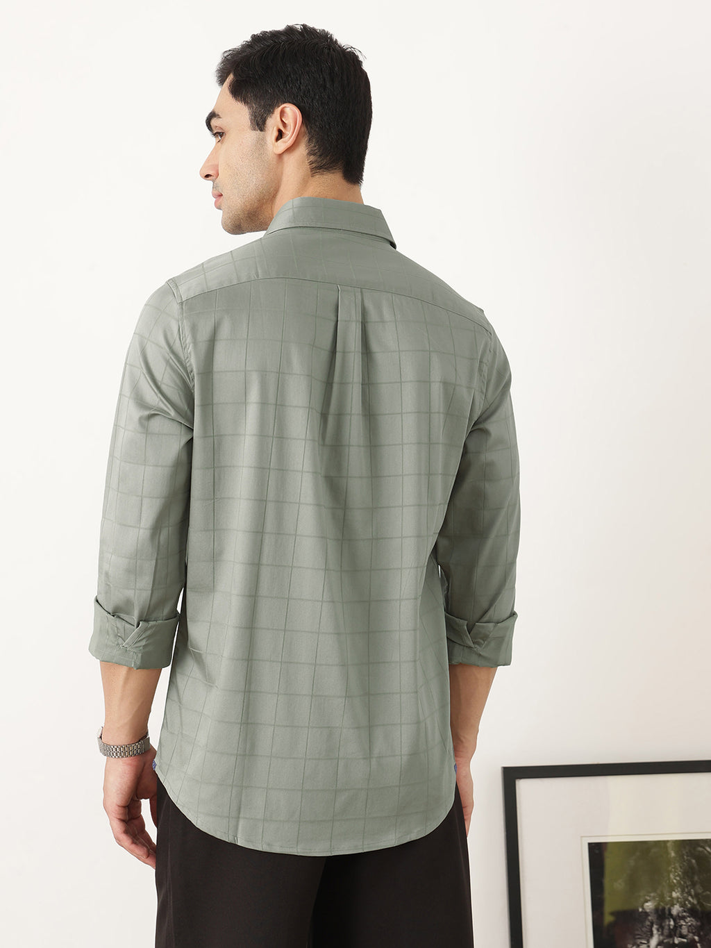 Thomas Scott Men Premium Sage Green Regular Fit Long Sleeves Spread Collar Windowpane Checks Cotton Lycra Casual Shirt