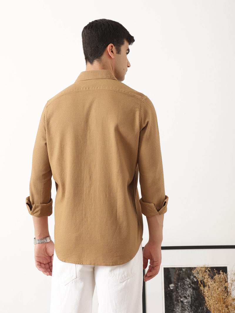 Thomas Scott Men Premium Rust Regular Fit Long Sleeves Spread Collar Textured Casual Shirt