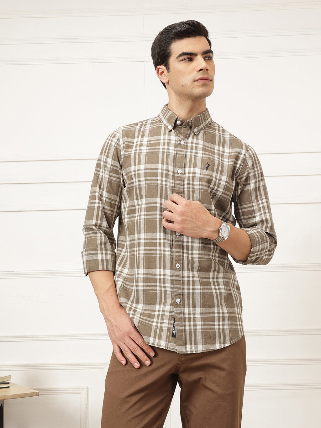 Brown Premium Regular Fit Tartan Checks Cotton Linen Shirt For Men