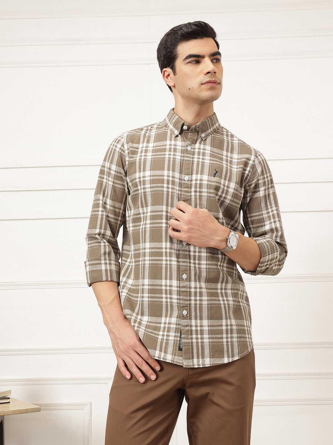 Brown Premium Regular Fit Tartan Checks Cotton Linen Shirt For Men