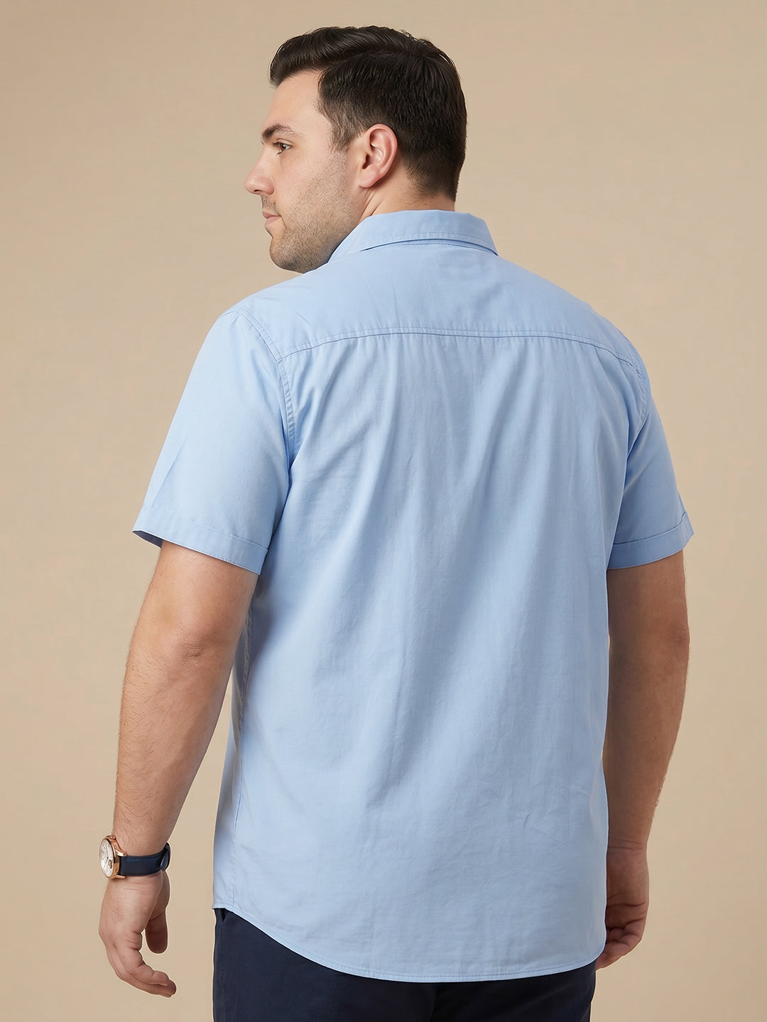 Thomas Scott Men Premium Blue Plus Size Regular Fit Short Sleeves Spread Collar Solid Twill Casual Shirt