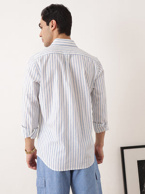 Thomas Scott Men Blue Premium Regular Fit Long Sleeves Spread Collar Vertical Stripes Cotton Linen Casual Shirts