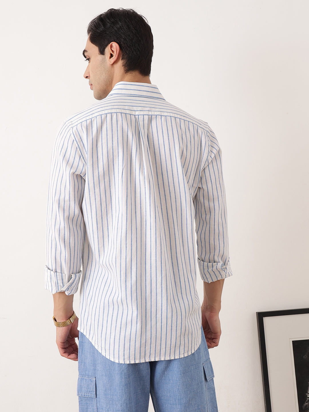 Thomas Scott Men Blue Premium Regular Fit Long Sleeves Spread Collar Vertical Stripes Cotton Linen Casual Shirts