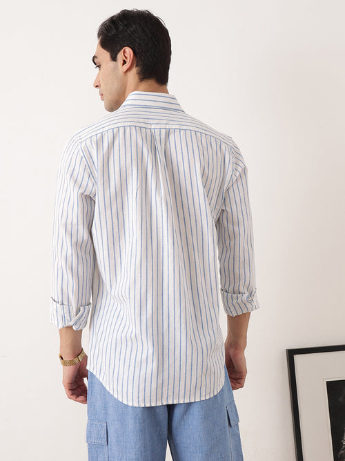 Thomas Scott Men Blue Premium Regular Fit Long Sleeves Spread Collar Vertical Stripes Cotton Linen Casual Shirts