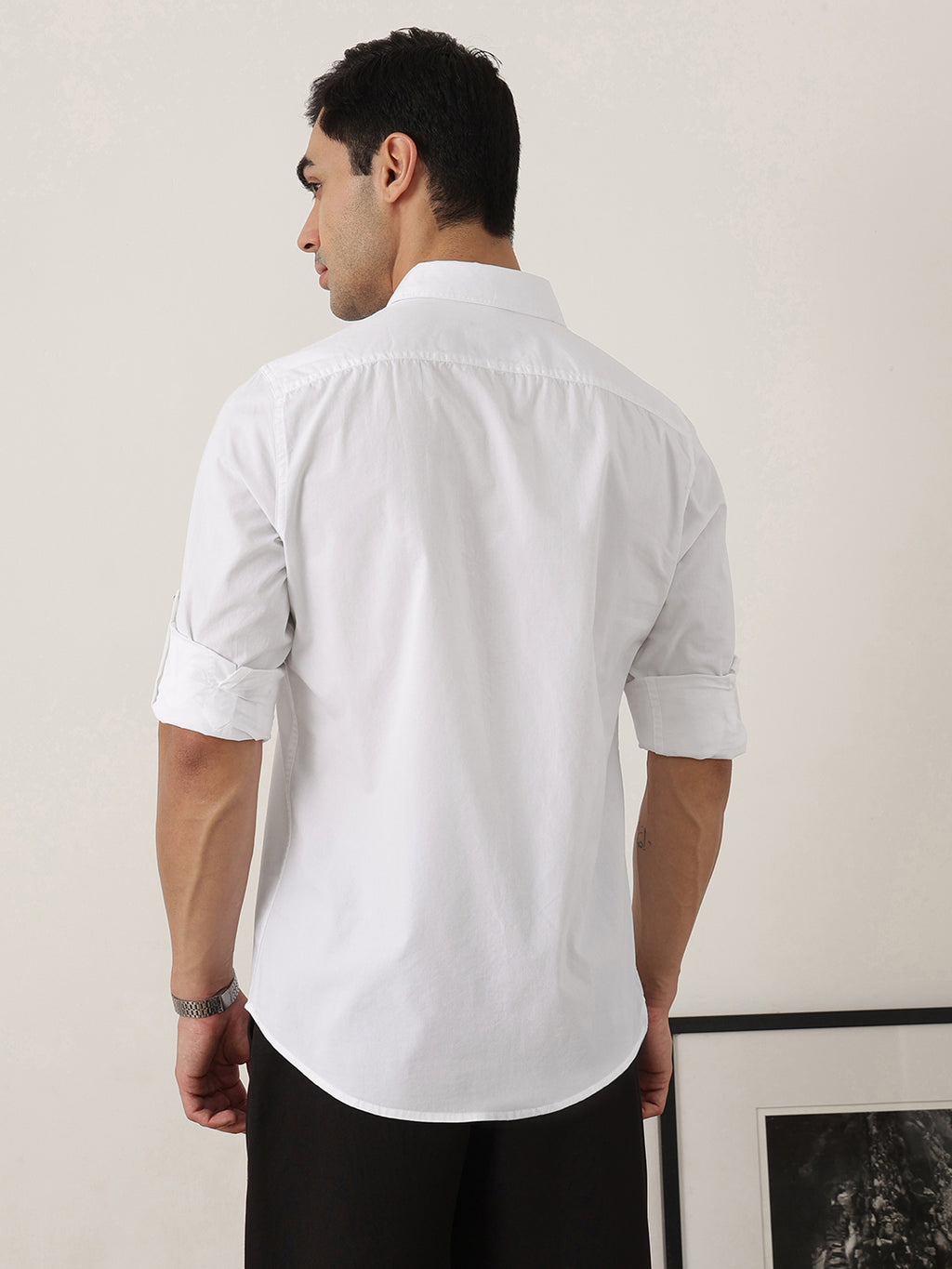 Thomas Scott Men Premium White Slim Fit Long Roll-Up Sleeves Spread Collar Solid Cotton Casual Shirts