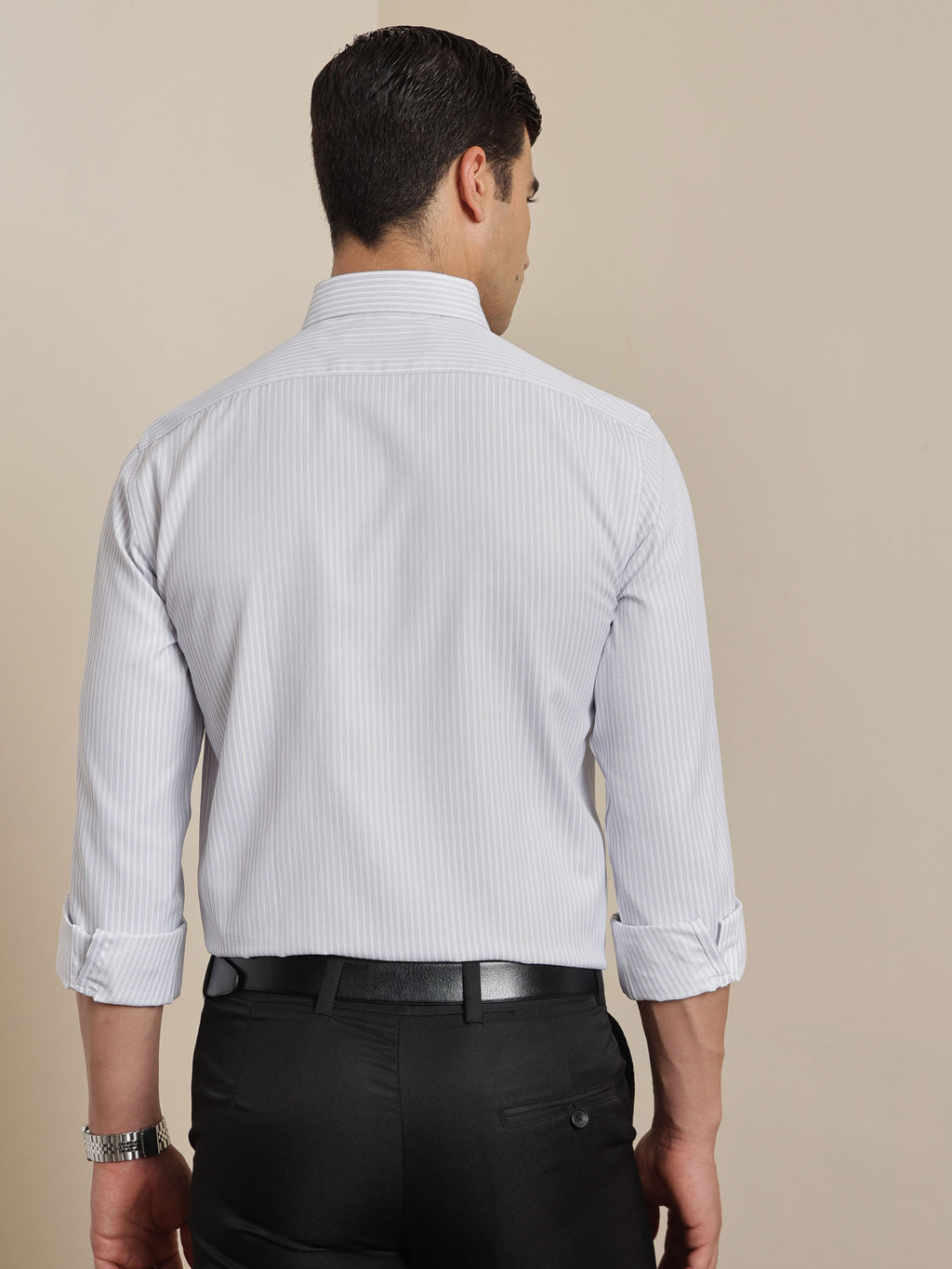 Thomas Scott Men Smart Grey Regular Fit Long Sleeves Semi Cutaway Collar Pinstripes Formal Shirt
