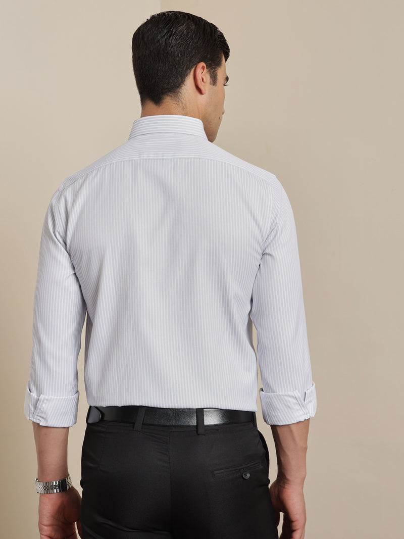 Thomas Scott Men Smart Grey Regular Fit Long Sleeves Semi Cutaway Collar Pinstripes Formal Shirt