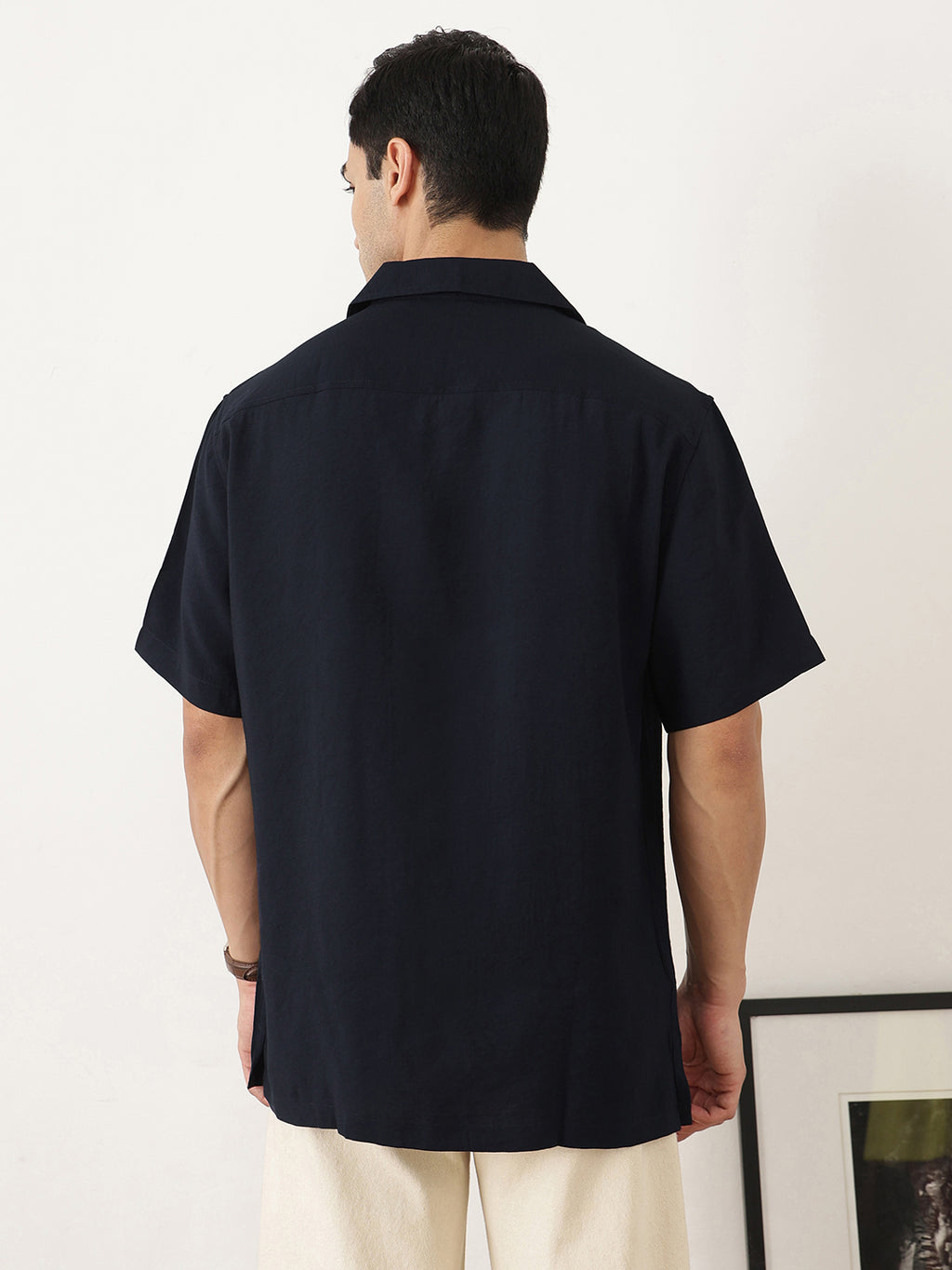 Thomas Scott Men Premium Navy Oversize Fit Short Sleeves Cuban Collar Textured Casual Shirt