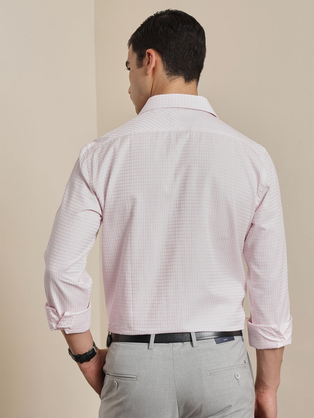 Thomas Scott Men Premium Pink Gingham Checks Cotton Formal Shirt with Spread Collar & Full Sleeves