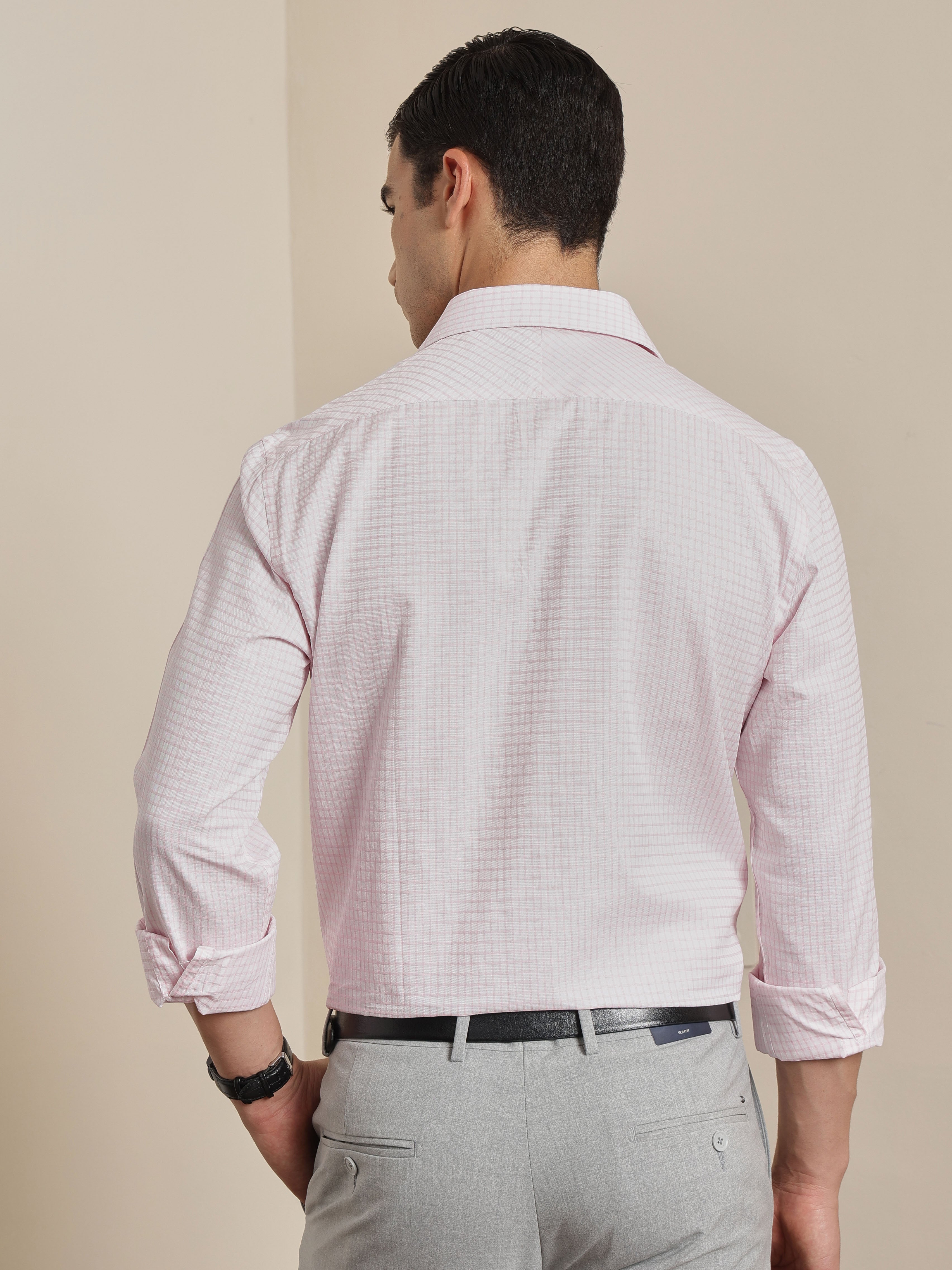 Thomas Scott Men Premium Pink Gingham Checks Cotton Formal Shirt with Spread Collar & Full Sleeves