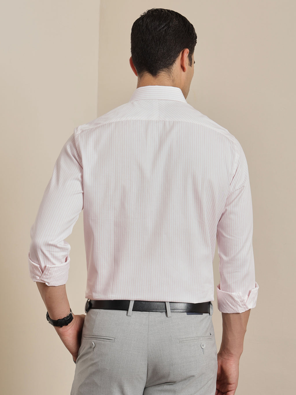 Thomas Scott Men Premium Pink Vertical Stripes Cotton Formal Shirt with Spread Collar & Full Sleeves