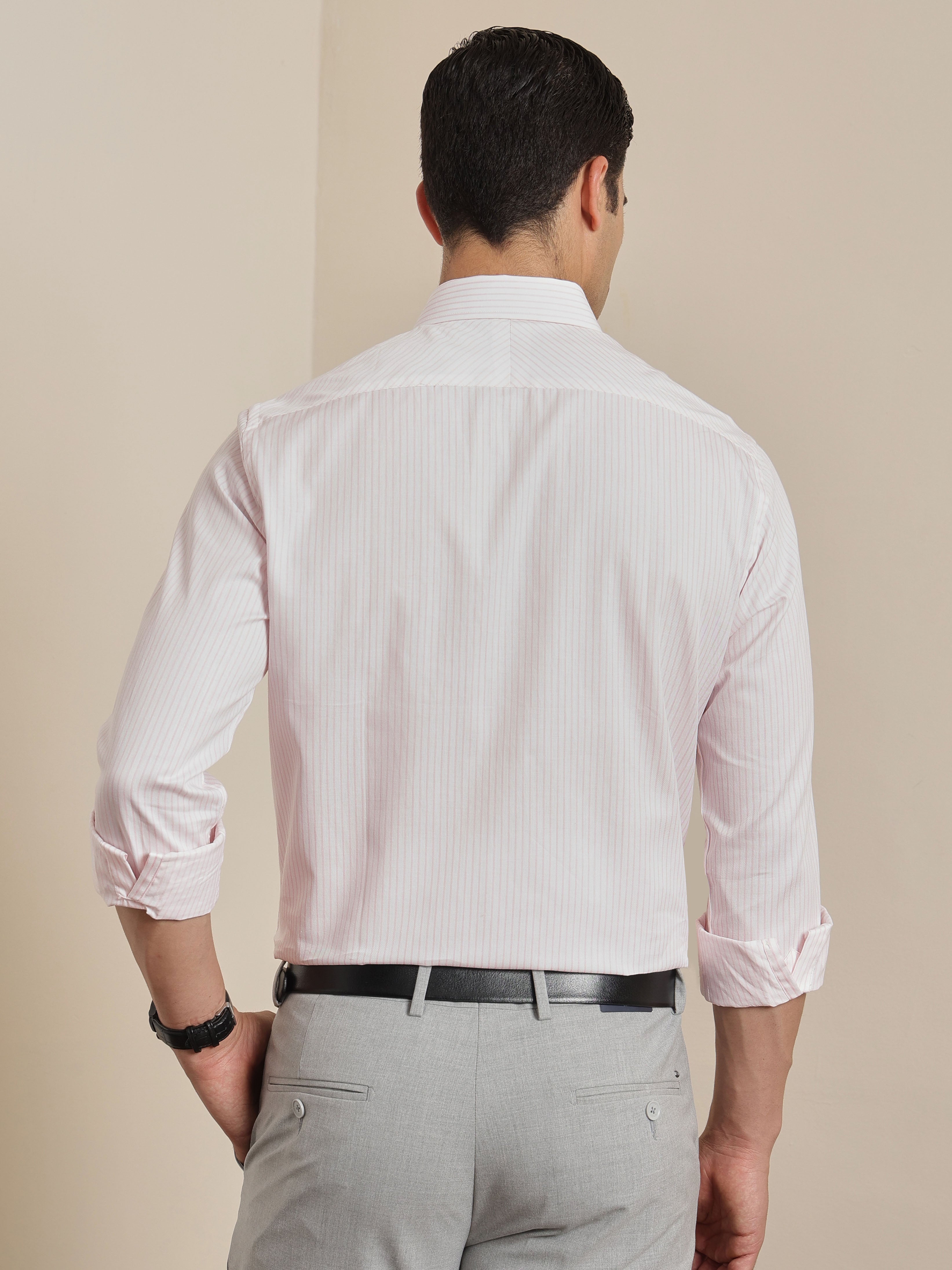 Thomas Scott Men Premium Pink Vertical Stripes Cotton Formal Shirt with Spread Collar & Full Sleeves