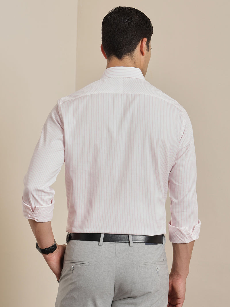 Thomas Scott Men Premium Pink Vertical Stripes Cotton Formal Shirt with Spread Collar & Full Sleeves