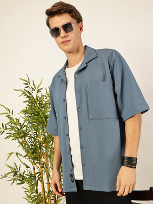 Thomas Scott Men Mid Blue Premium Short Sleeves Regular Fit Cuban Collar Textured Cotton Twill Shirt