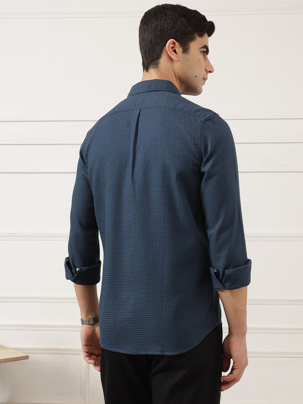 Teal Blue Premium Regular Fit Long Sleeves Spread Collar Textured Cotton Casual Shirt For Men