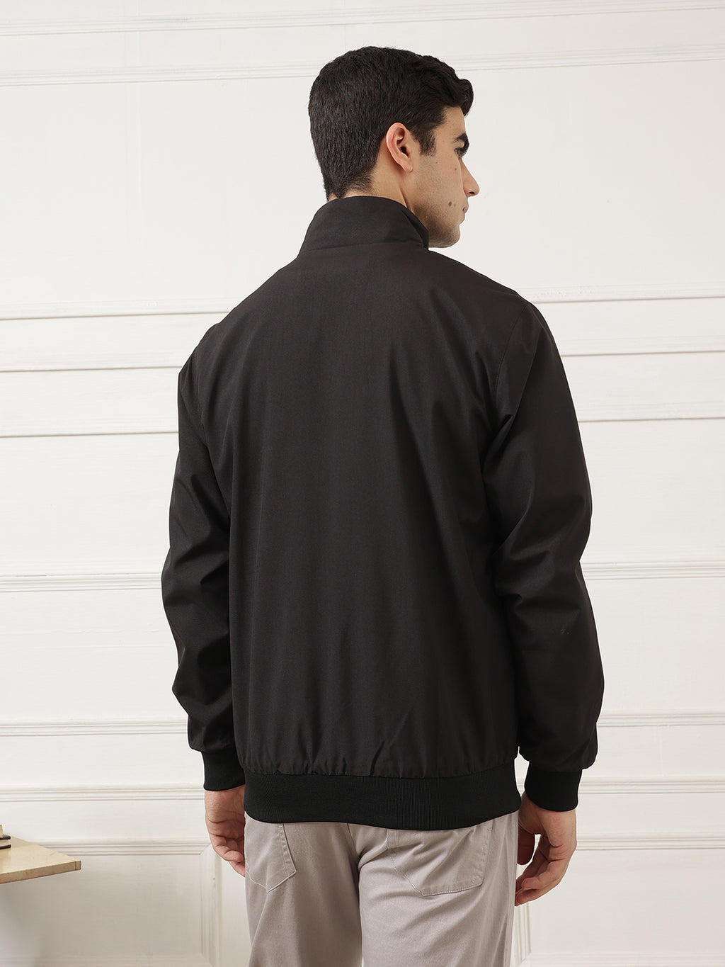 Black Regular Fit Solid Full Sleeves Stand Collar Zip-Front Casual Bomber Jacket For Men