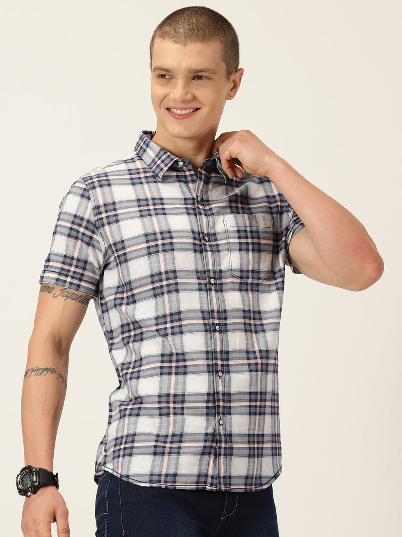 Thomas Scott Men Navy Smart Slim Fit Short Sleeves Tartan Checks Spread Collar Cotton Casual Shirt