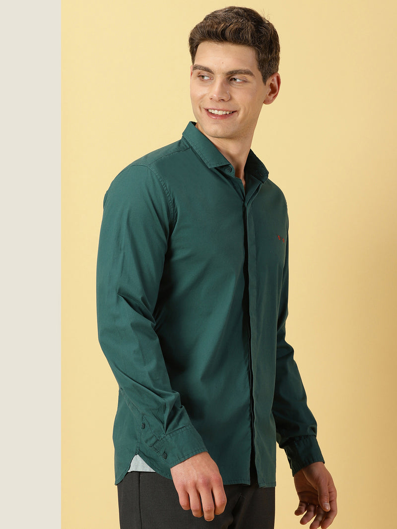 Thomas Scott Men Green Classic Regular Fit Long Sleeves Spread Collar Solid Casual Shirt
