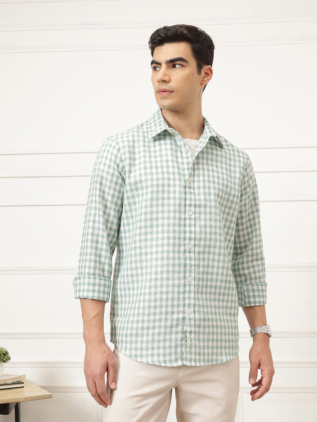 Green Premium Regular Fit Gingham Checks Cotton Linen Shirt For Men