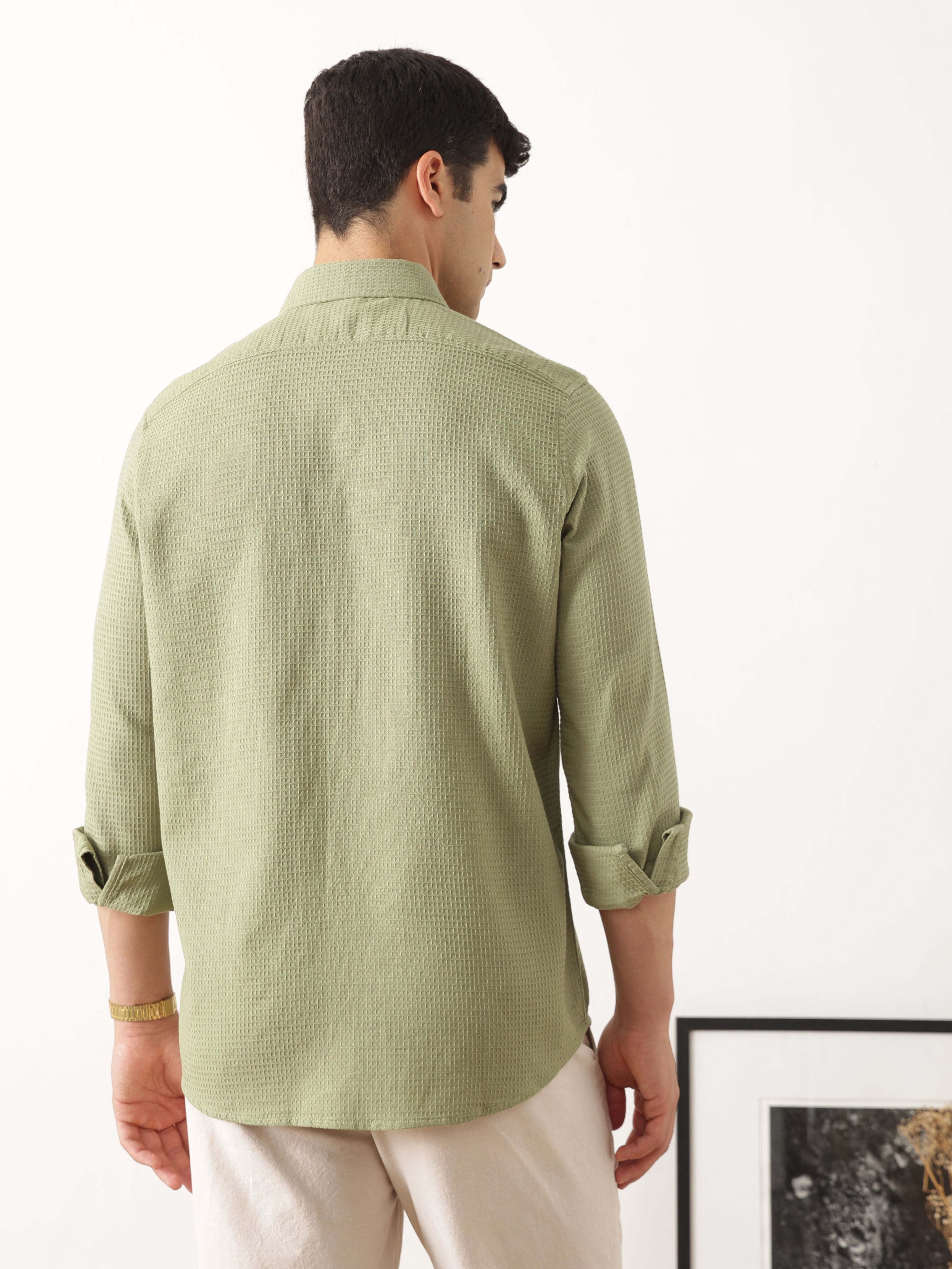 Thomas Scott Men Premium Olive Regular Fit Long Sleeves Spread Collar Textured Casual Shirt