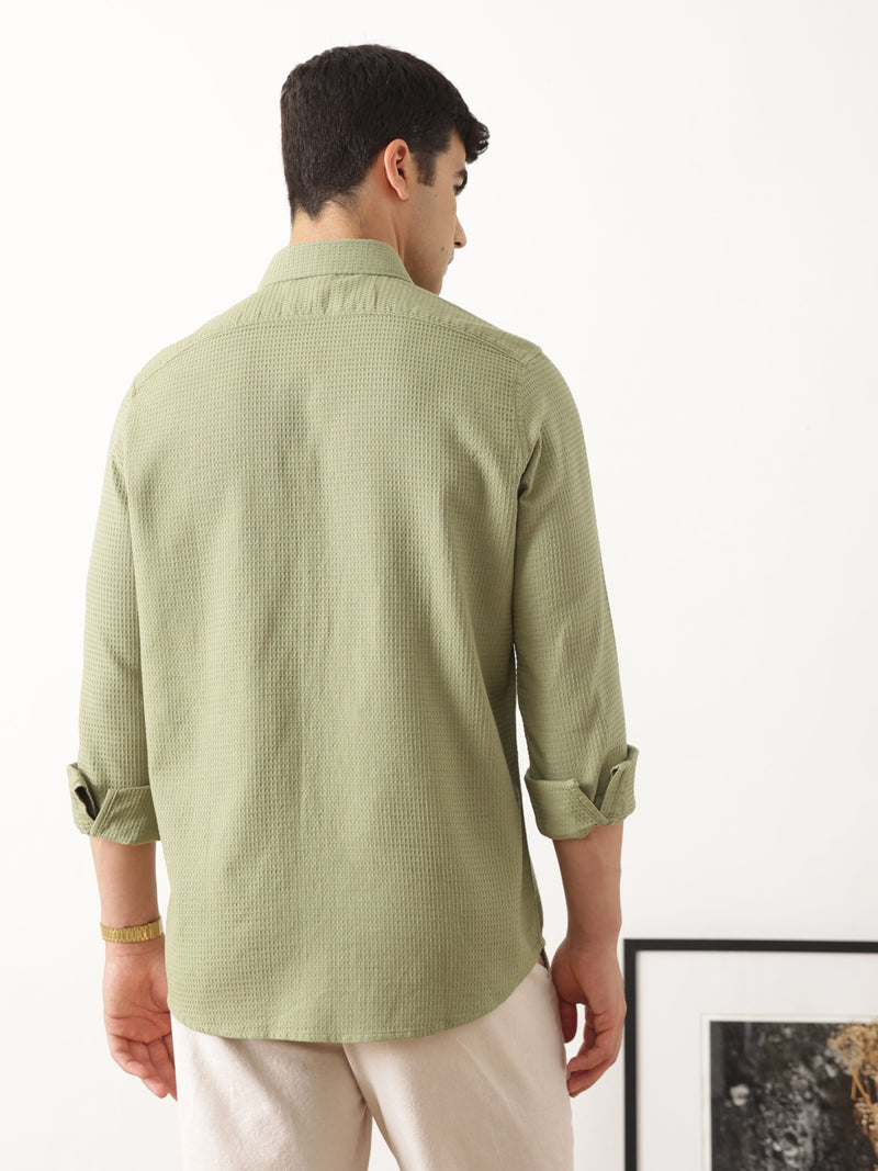 Thomas Scott Men Premium Olive Regular Fit Long Sleeves Spread Collar Textured Casual Shirt