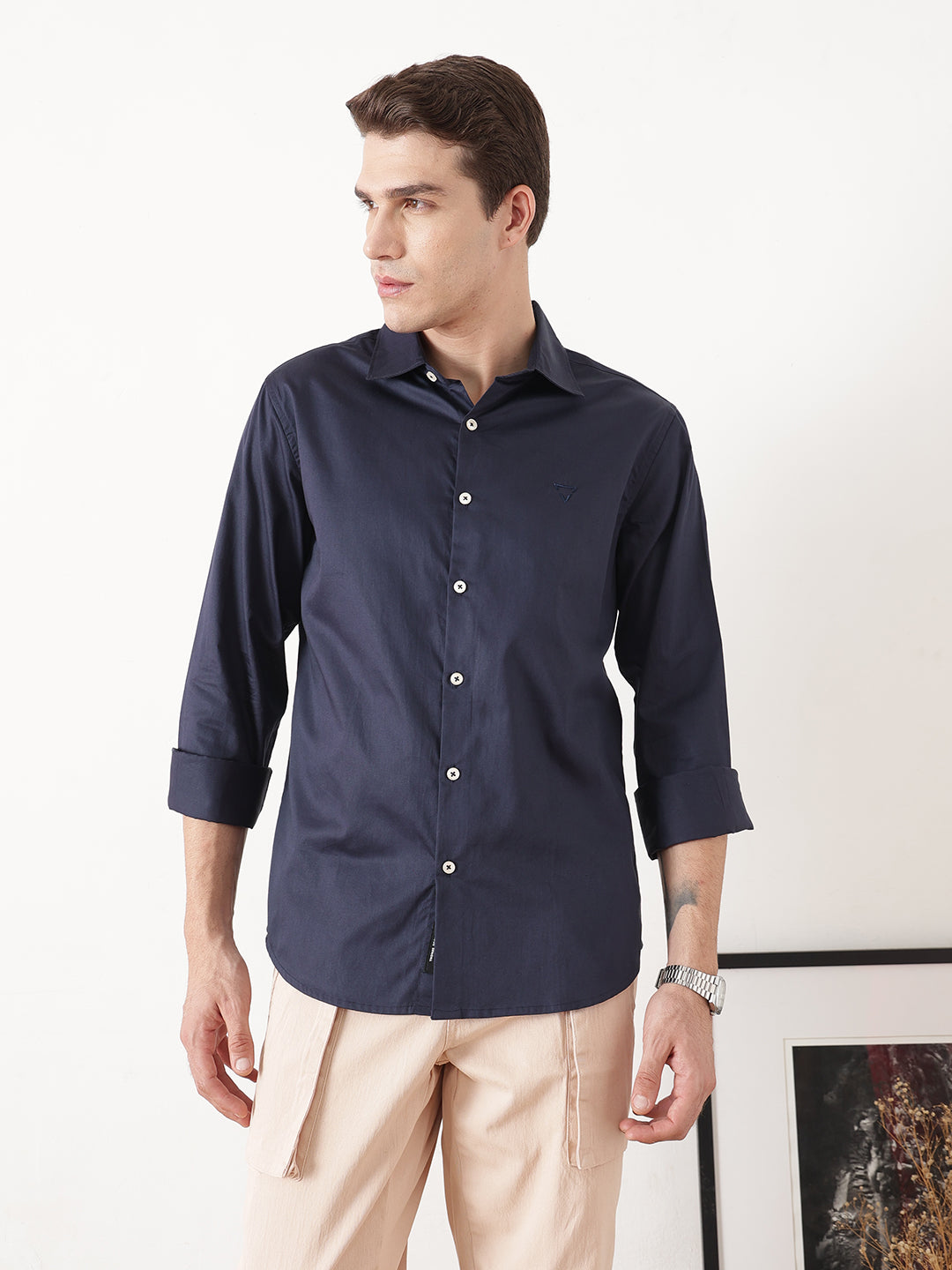 Navy Premium Slim Fit Solid Cotton Casual Shirt For Men