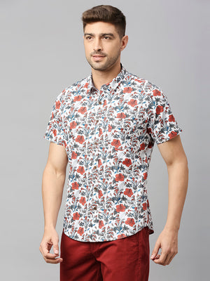 Thomas Scott Men White 2 Classic Short Sleeves Slim Fit Spread Collar Floral Printed Cotton Casual Shirt