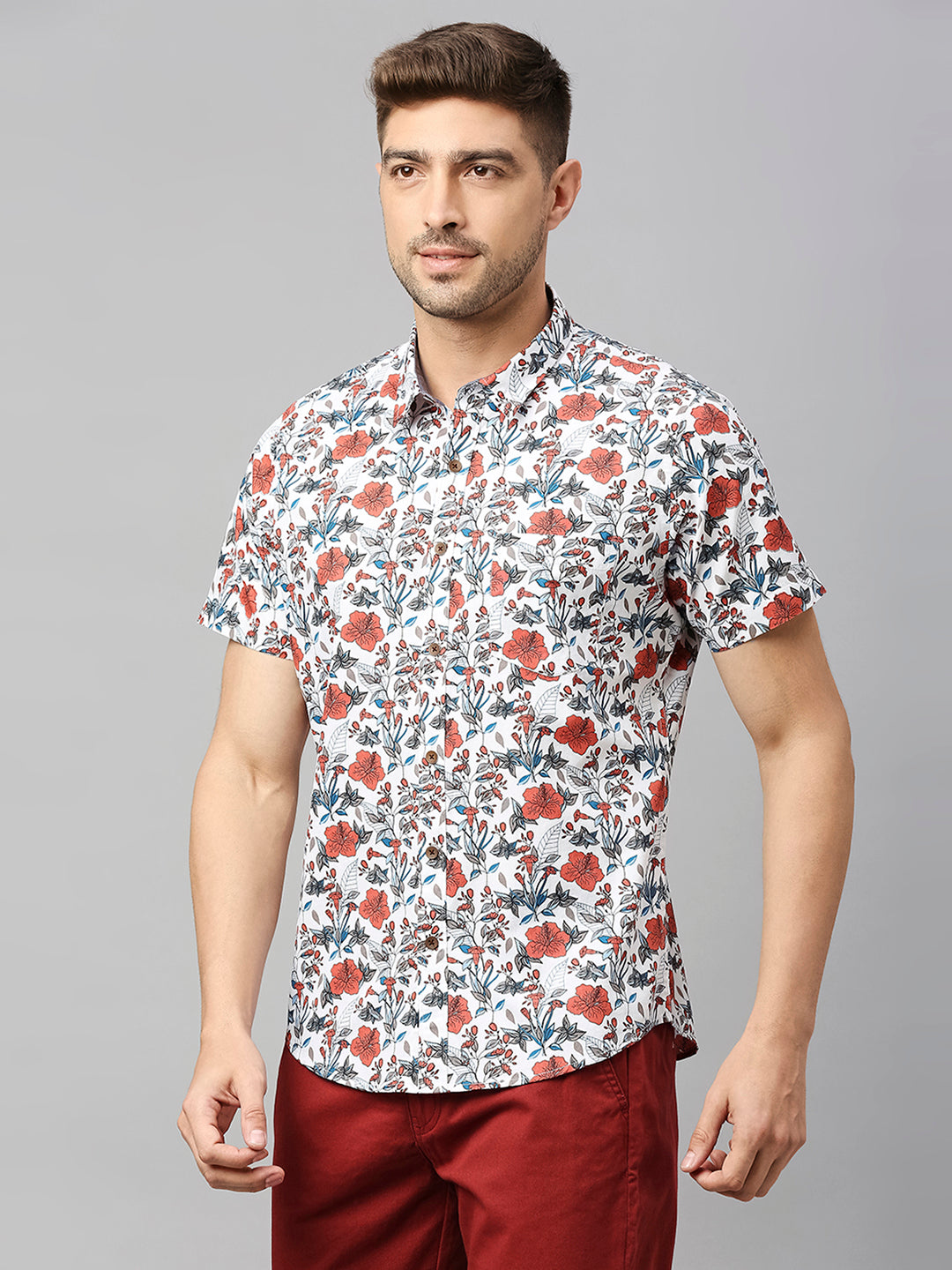 Thomas Scott Men White 2 Classic Short Sleeves Slim Fit Spread Collar Floral Printed Cotton Casual Shirt