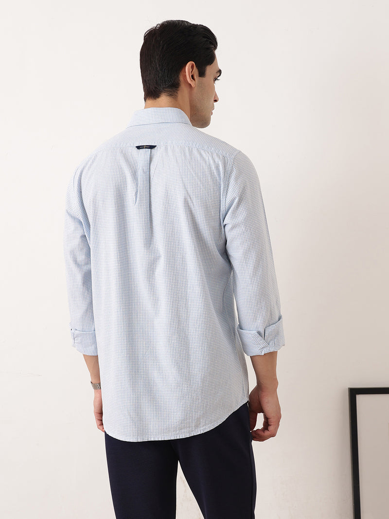 Thomas Scott Men Blue Premium Regular Fit Long Sleeves Spread Collar Gingham Checks Cotton Linen Casual Shirt