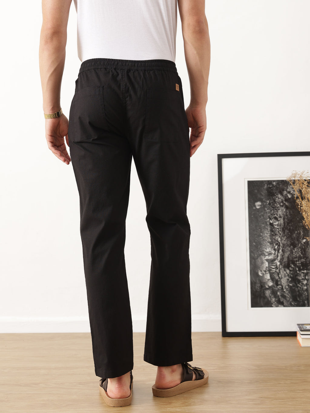 Thomas Scott Men Smart Black Regular Fit Mid-Rise Solid Woven Cotton Linen Trouser