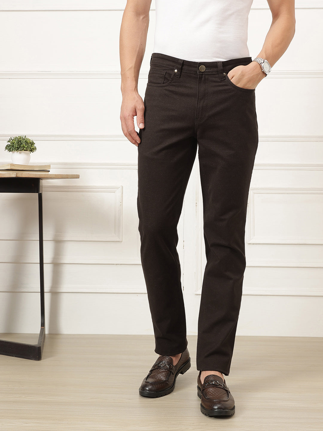 Brown Smart Straight Fit Mid-Rise Solid Woven Trouser For Men