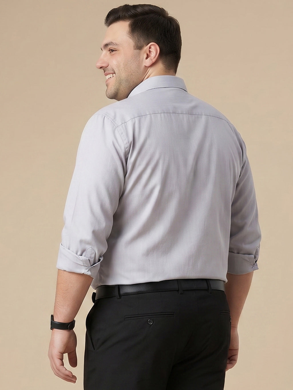 Thomas Scott Men Premium Grey Plus Size Regular Fit Long Sleeves Spread Collar Textured Cotton Formal Shirt