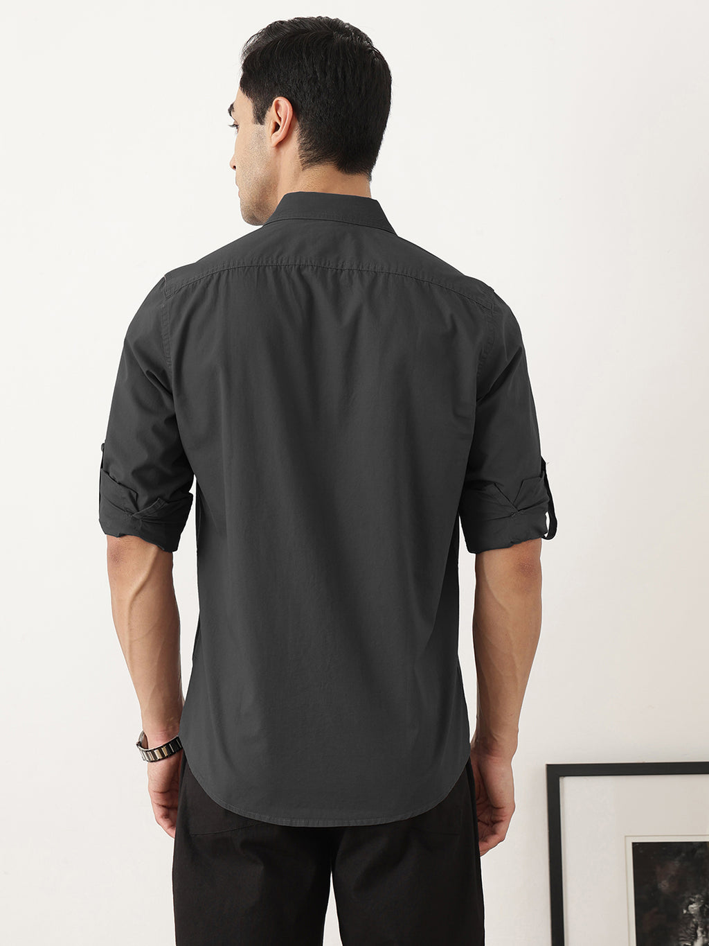 Thomas Scott Men Premium Dark Grey Slim Fit Long Roll-Up Sleeves Spread Collar Solid Cotton Casual Shirts