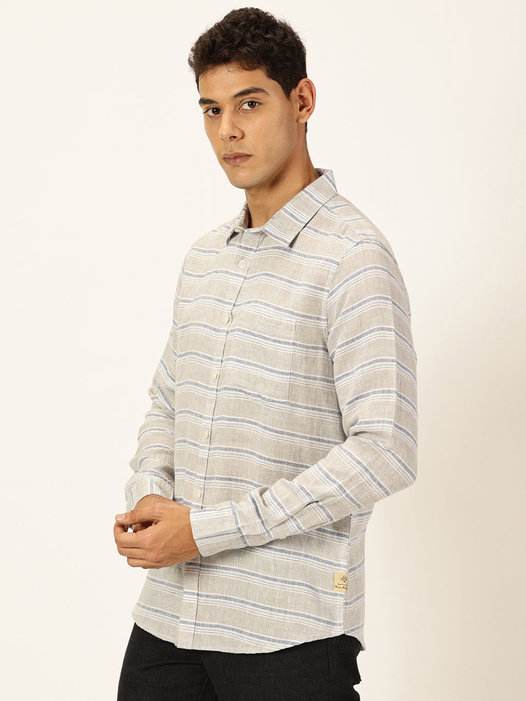 Thomas Scott Men Grey Premium Long Sleeves Spread Collar Horizontal Stripes Linen Casual Shirt