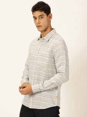 Thomas Scott Men Grey Premium Long Sleeves Spread Collar Horizontal Stripes Linen Casual Shirt