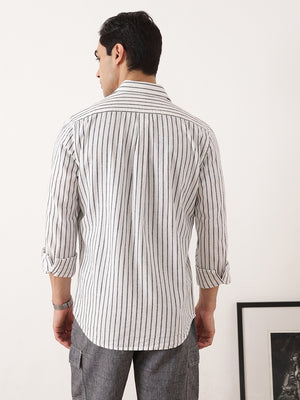 Thomas Scott Men Black Premium Regular Fit Long Sleeves Spread Collar Vertical Stripes Cotton Linen Casual Shirts