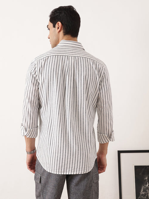Thomas Scott Men Black Premium Regular Fit Long Sleeves Spread Collar Vertical Stripes Cotton Linen Casual Shirts