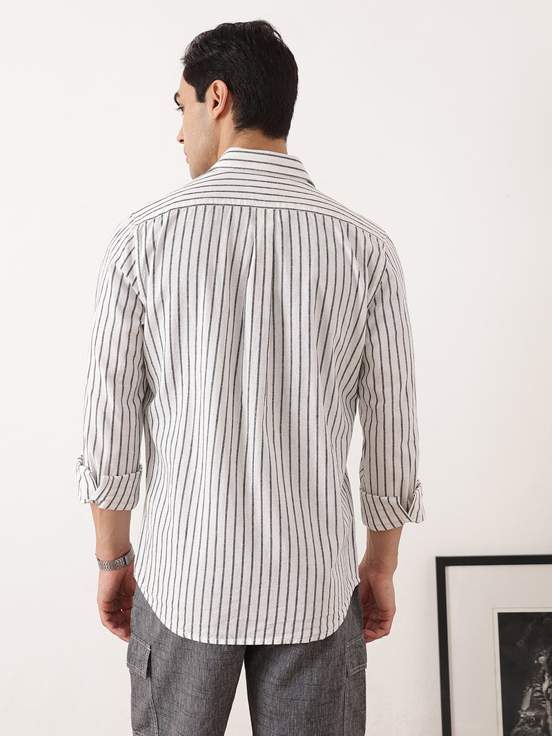 Thomas Scott Men Black Premium Regular Fit Long Sleeves Spread Collar Vertical Stripes Cotton Linen Casual Shirts