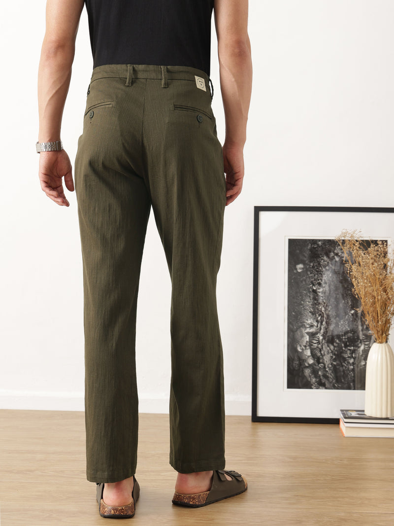 Thomas Scott Men Dark Olive Smart Solid Regular Fit Woven Linen Pleated Trousers