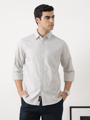 Light Grey Premium Slim Fit Long Sleeves Spread Collar Solid Cotton Oxford Casual Shirt For Men