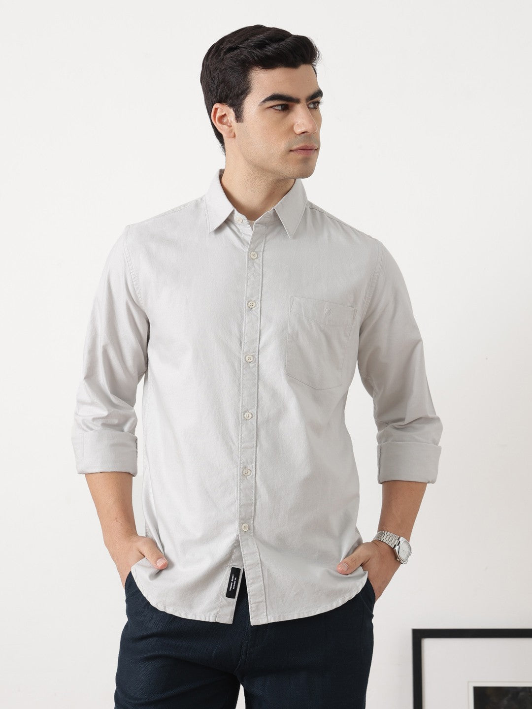 Light Grey Premium Slim Fit Long Sleeves Spread Collar Solid Cotton Oxford Casual Shirt For Men