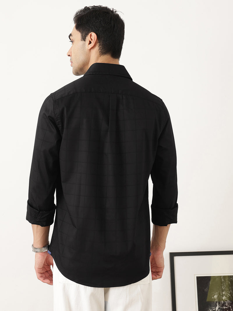 Thomas Scott Men Premium Black Regular Fit Long Sleeves Spread Collar Windowpane Checks Cotton Lycra Casual Shirt