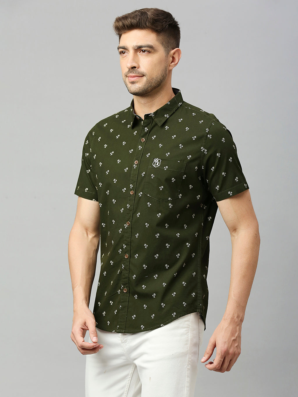 Thomas Scott Men Dark Green Classic Short Sleeves Slim Fit Spread Collar Conversational Printed Cotton Casual Shirt