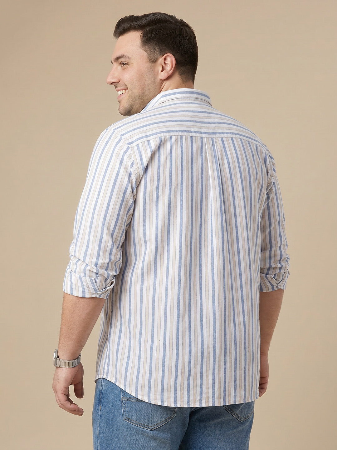 Thomas Scott Men Premium Blue Plus Size Regular Fit Long Sleeves Button Down Collar Vertical Stripes Cotton Linen Casual Shirt