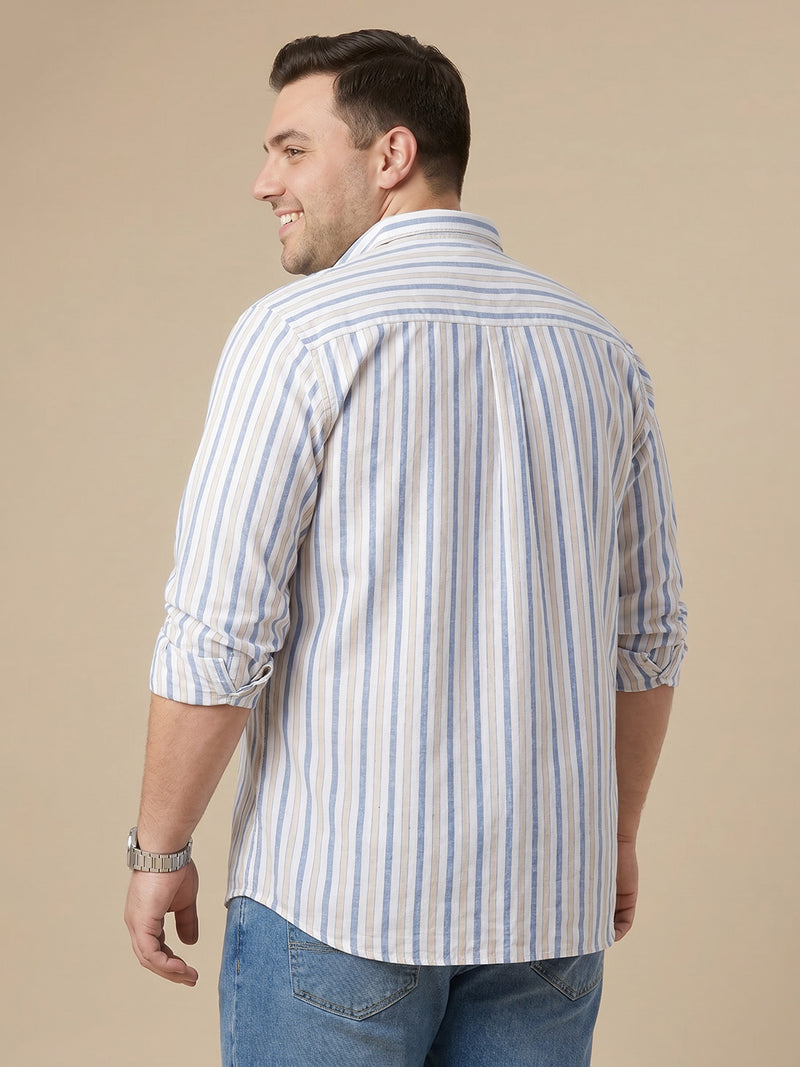 Thomas Scott Men Premium Blue Plus Size Regular Fit Long Sleeves Button Down Collar Vertical Stripes Cotton Linen Casual Shirt